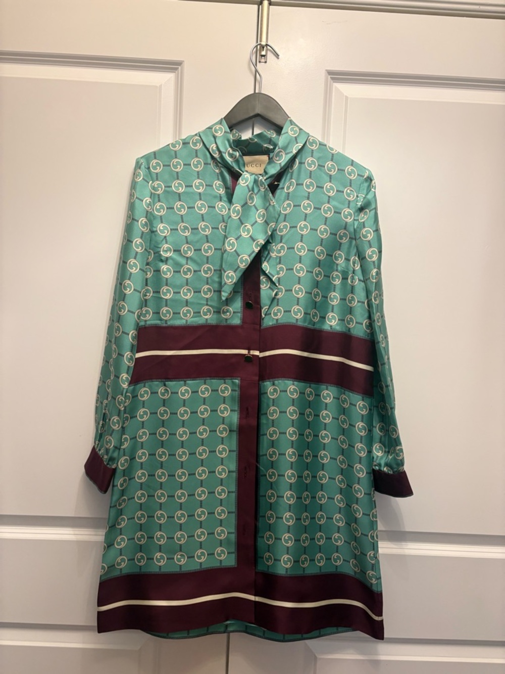 Gucci Teal & Cream GG Print Silk Shirt